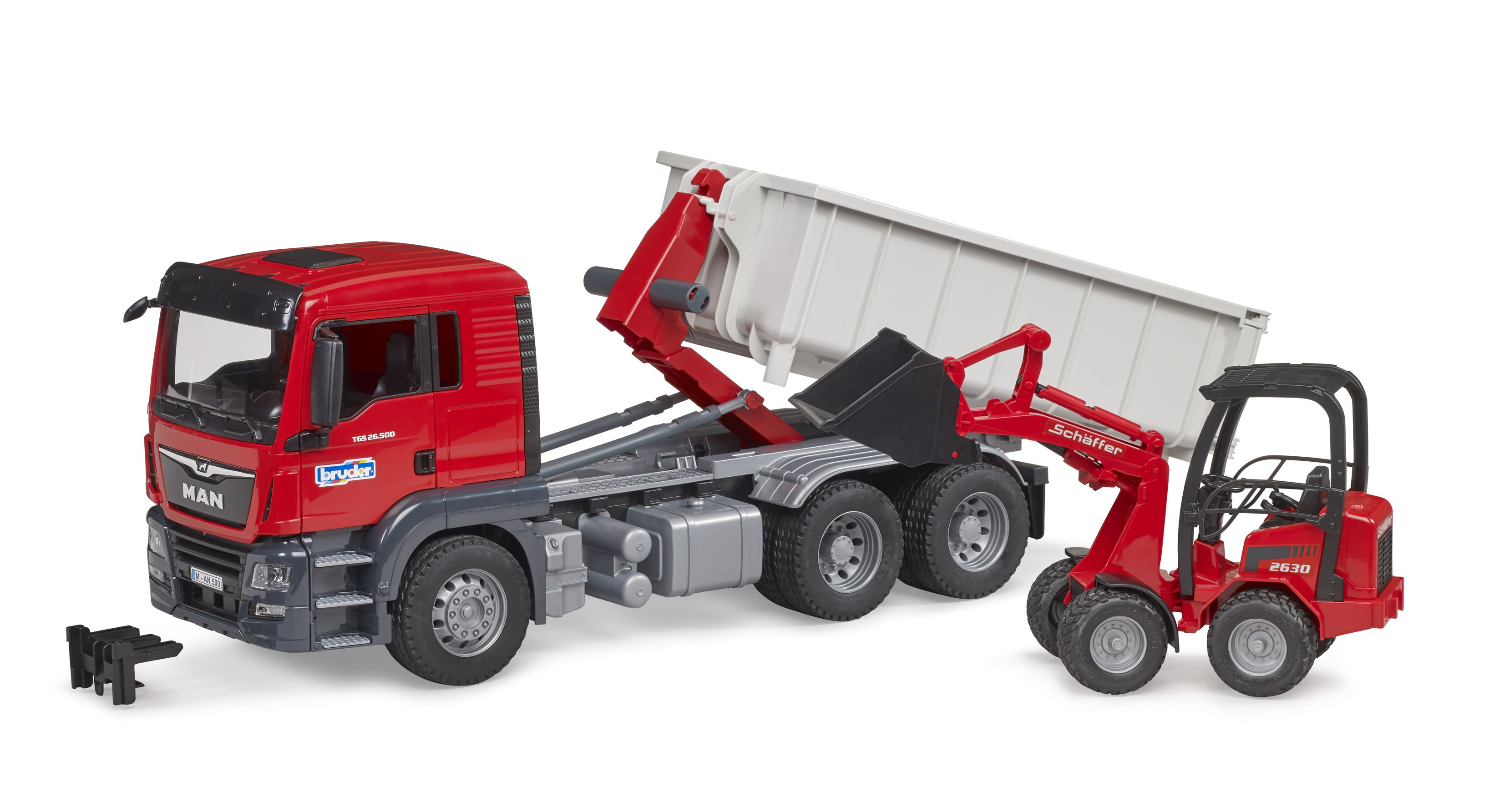 MAN TGS truck with roll-off container and Schäffer yard loader 2630