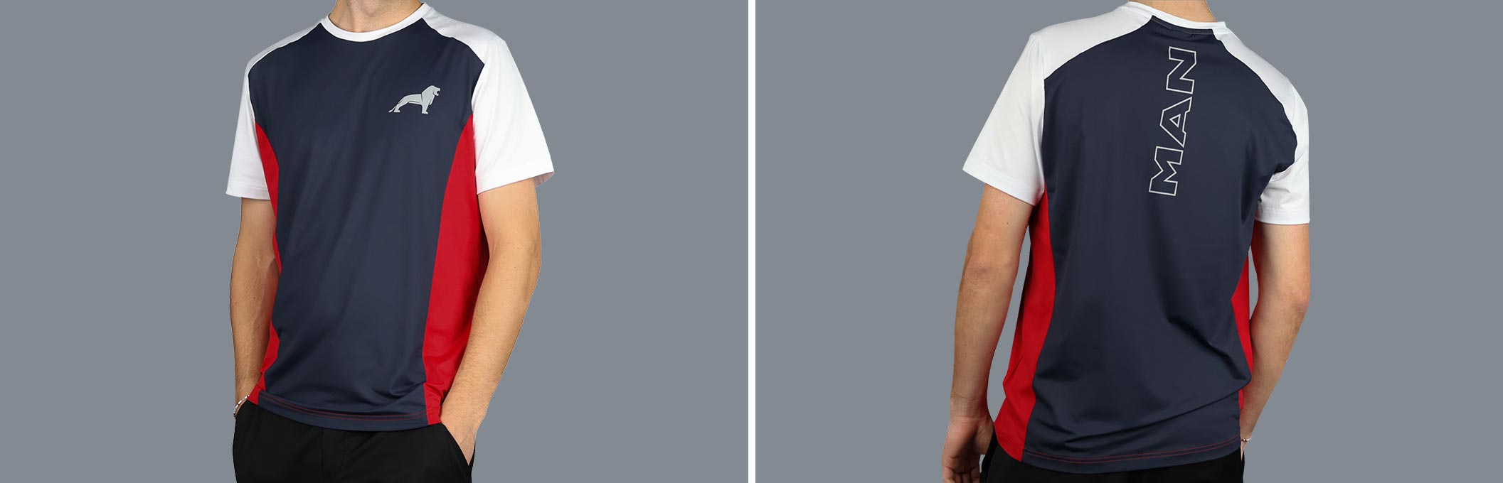 Vorder- und Rückansicht eines mehrfarbigen MAN Funktions T-Shirts aus der Essential Kollektion mit Logo Print auf der Vorderseite und dem Wort "MAN" auf der Rückseite