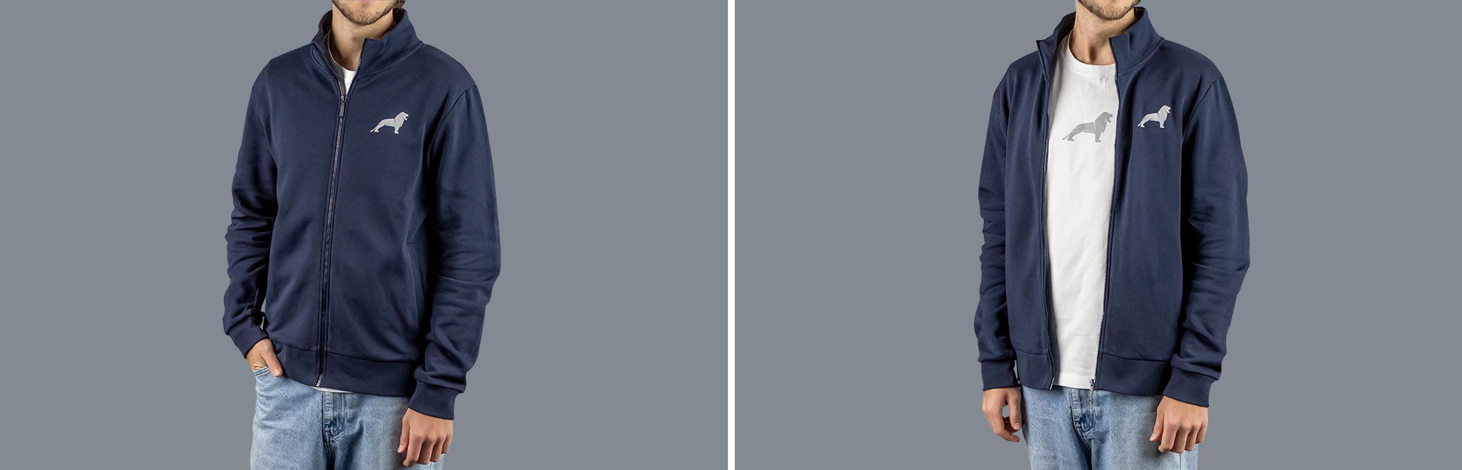 Vorder- und Rückansicht einer blauen MAN Sweatjacke aus der Essential Kollektion mit Logo Print auf der Vorderseite und dem Wort "MAN" auf der Rückseite