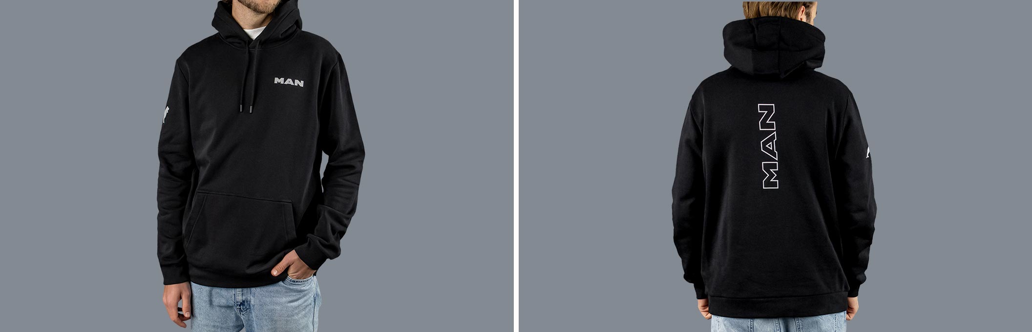 Vorder- und Rückansicht eines schwarzen MAN Hoodies aus der Essential Kollektion mit Logo Print auf dem Ärmel und dem Wort "MAN" auf der Vorderseite