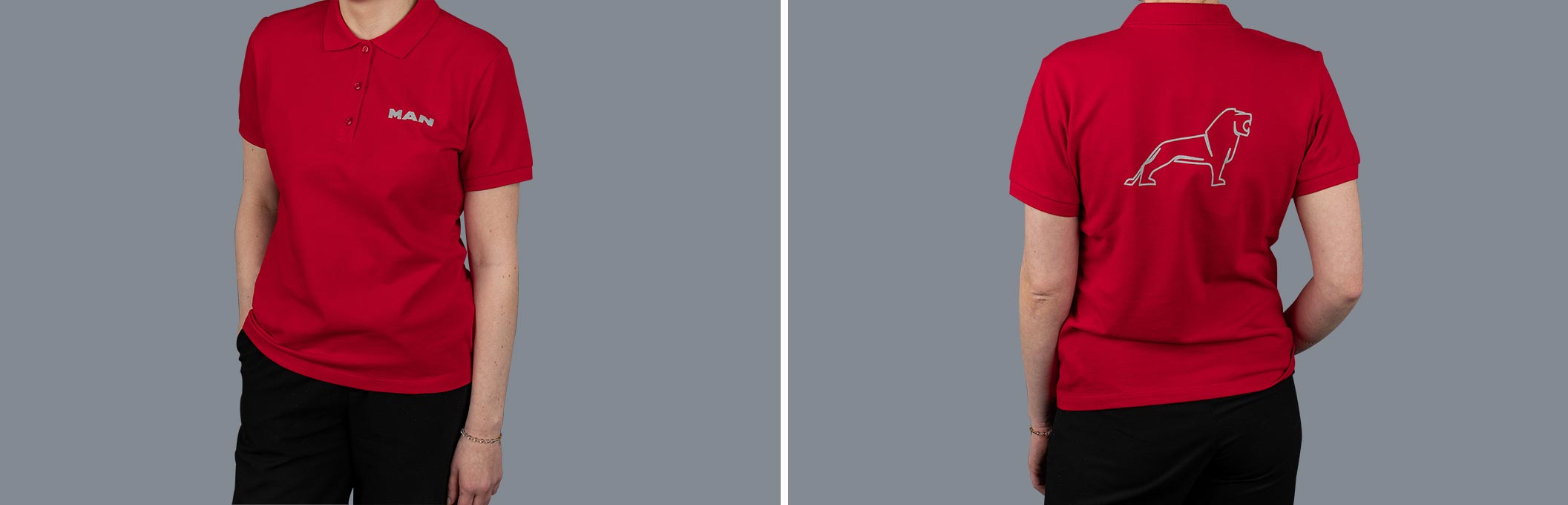 Vorder- und Rückansicht eines roten Damen MAN Poloshirts aus der Essential Kollektion mit Logo Print auf dem Ärmel und dem Wort "MAN" auf der Vorderseite